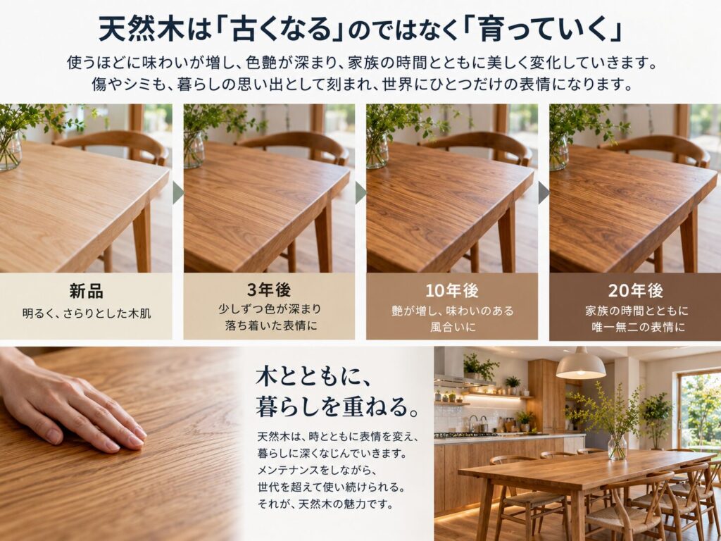 天然木は古くなるのではなく育っていく|大阪でインテリアにこだわる高性能住宅はリーフアーキテクチャ