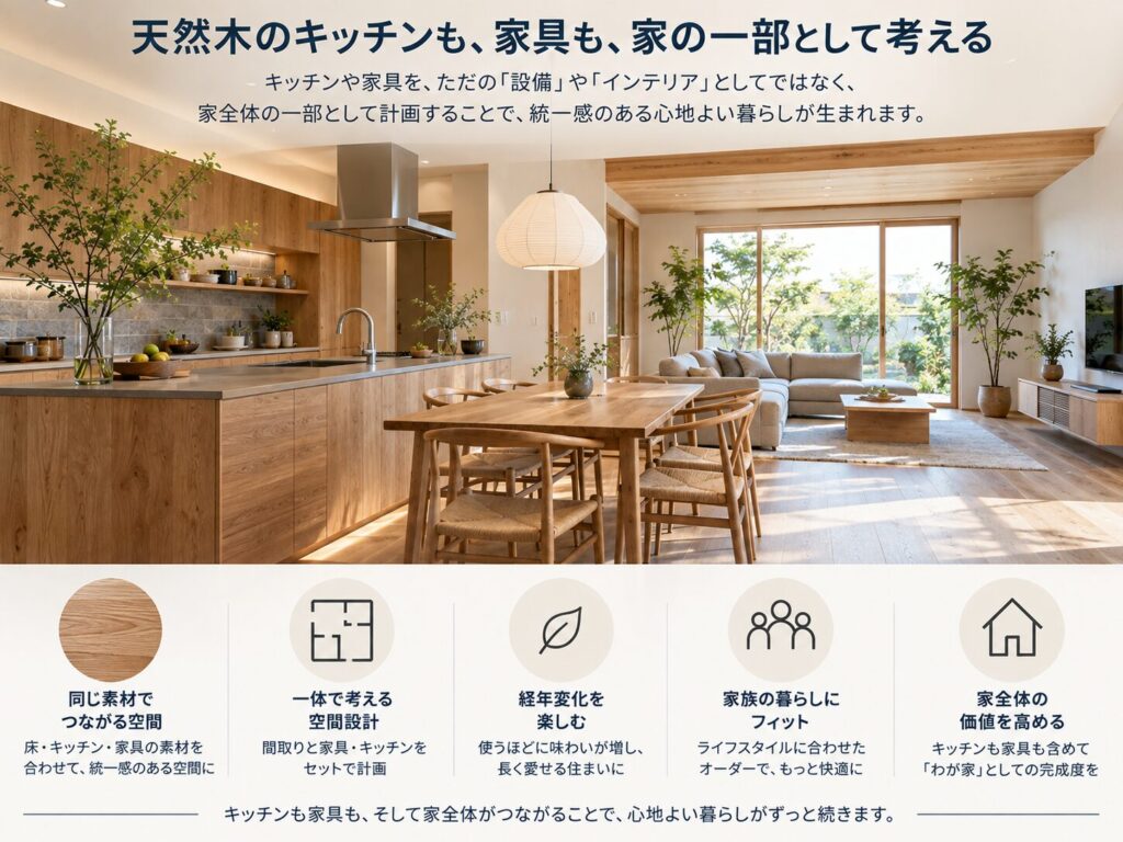 天然木のキッチンも家具も家の一部|大阪でインテリアにこだわる高性能住宅はリーフアーキテクチャ